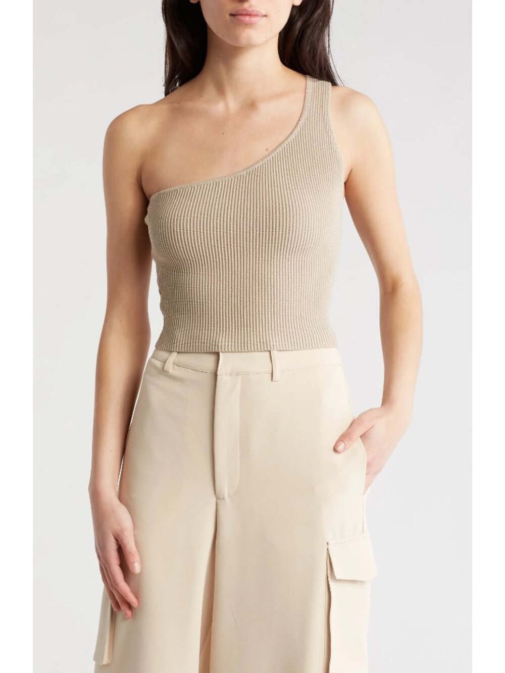 NSR One Shoulder Ribbed Knit Tank Taupe Beige Minimalist Jacquemus Inspired Size